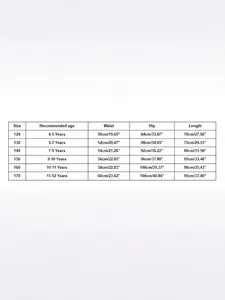 Detailed size chart for boys' denim jeans with raw hem, showing metric and imperial measurements