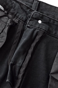 Close-up of black denim jeans interior showing metal button and zipper stitching details