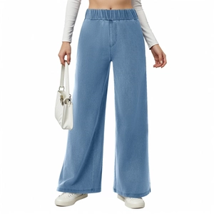Damen hellblaue Denim-Hose mit elastischer hoher Taille und weitem, geradem Beinschnitt