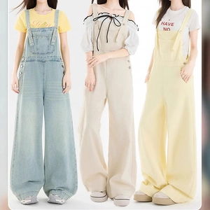 Damen High Waist Weites Bein Denim Latzhose Casual Lockerer Jeans Overall Baumwolle Gerades Bein Romper Vintage Stil