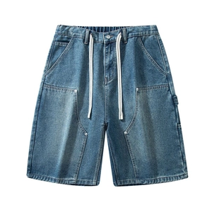 Pantaloncini di jeans dritti da uomo con tasche cargo e vita elastica con coulisse