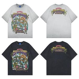Detail showing front and back views of washed cotton t-shirts with alien invasion prints