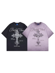 Maglietta con Stampa Croce Gotica American Street Style Uomo Donna Oversized Retro Lavato Cotone Manica Corta Streetwear