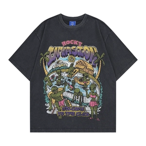 Close-up of vintage washed black T-shirt with alien pool party graphic and logo label
