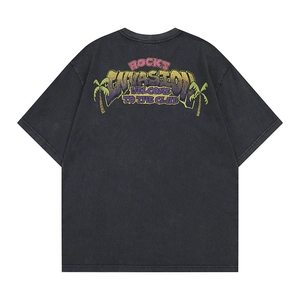 Detail of vintage washed charcoal t-shirt featuring Rocks Invasion graphic print