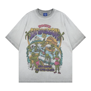 Detail of vintage gray washed T-shirt showing retro alien pool party graphic and fabric texture