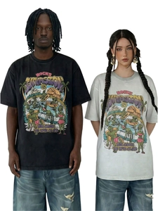 Close-up of vintage cartoon graphic print on washed cotton oversized t-shirt