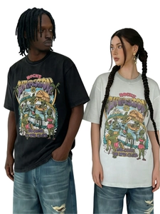 Detail of vintage washed t-shirt with retro alien club print and rhinestone accents