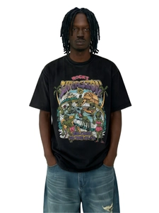 Detail view of American vintage graphic print on black washed cotton short-sleeved T-shirt
