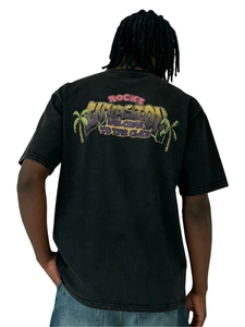Macro detail of vintage washed black t-shirt featuring retro rhinestone back graphic