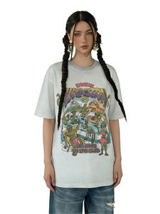 Detail of vintage washed T-shirt with rhinestone alien pool party graphic and relaxed fit