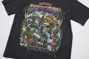 Close-up of retro alien pool party graphic on charcoal washed cotton streetwear T-shirt