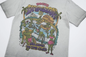 Close-up of vintage washed grey T-shirt featuring a colorful alien pool party graphic print