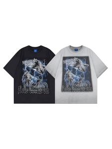 T-Shirt Hip Hop Streetwear Hommes Femmes Oversized Coton Lavé Graphic Tee Rock Punk Strass Manches Courtes Col Rond Top