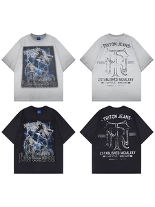 T-shirt hip-hop avec motifs rock vintage, coupe décontractée en noir et gris