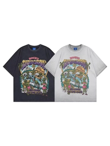 Unisex American Retro Washed Cotton T-Shirt Rhinestone Alien Graphic Print Short Sleeve Crew Neck Oversized Summer Tee