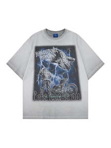 T-shirt gris clair à manches courtes avec imprimé biker style américain et coupe ample