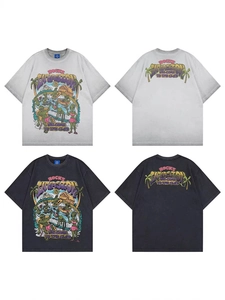 Retro washed cotton t-shirt with rhinestone anime graphics in light grey and black wash