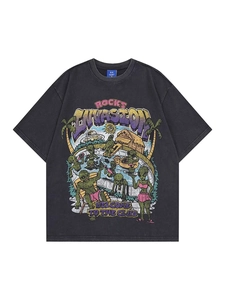 Vintage washed charcoal gray t-shirt with alien pool party graphic and retro rock invasion print