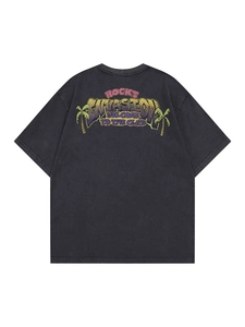 Vintage washed black cotton oversized T-shirt with palm tree back print and graffiti graphics