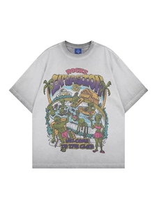 Vintage washed grey oversized t-shirt with alien pool party graphic print and lettering