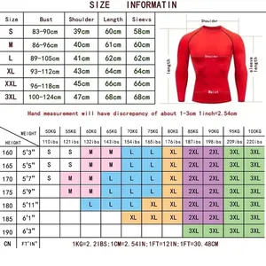 Men's compression sportswear size chart with height and weight recommendations from S to 3XL