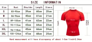 Size chart for men's red quick-dry sports t-shirt with detailed chest and length measurements