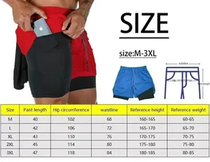 Detailed size chart for men quick-dry sports shorts showing measurements from M to 3XL