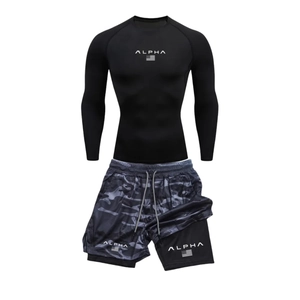 Close-up of men's quick-dry sports set with compression shirt and camo shorts