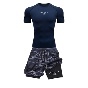 Detail of navy compression shirt and grey camo shorts for men's athletic training