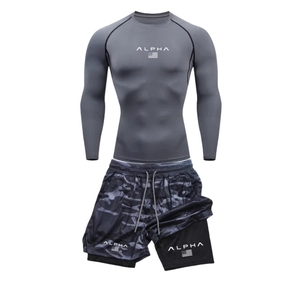Detail view of quick-dry compression shirt and camo shorts set for men with Alpha logo
