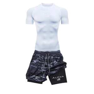 Detail of white compression top and camo layered sports shorts with ALPHA branding