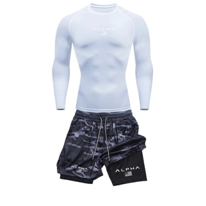 Detail of men's quick-dry sports set with white long sleeve and camo compression shorts