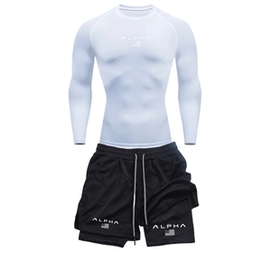 Detail of white compression top with Alpha logo and black 2-in-1 quick-dry shorts set