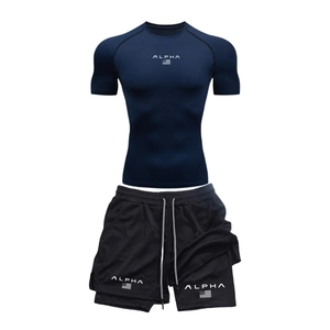 Detail of dark blue quick-dry compression top and black double-layer athletic shorts