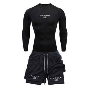 Close-up of Alpha compression set featuring breathable fabric and dual-layer shorts detail