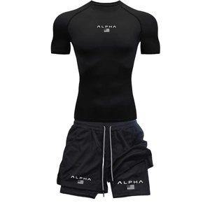 Detail of men's breathable sports set showing ALPHA logo and elastic mesh texture