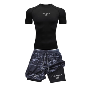 Men's Quick Dry Athletic Top And Bottom For Gym Running Outdoor Training Tight Fit Breathable Compression Shirt Camo Shorts Rabbit Hair Sports Apparel