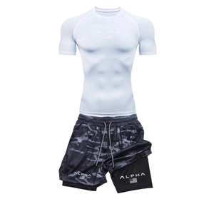 Men's breathable quick-dry fitness set with white compression tee and camo shorts