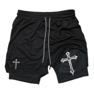 Anime print double-layer sports shorts with breathable mesh and cross graphic pattern