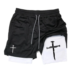 Men's 2-in-1 sports shorts with black mesh, white inner layer, and street cross print