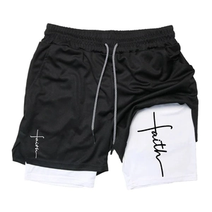 Men's 2-in-1 sports shorts with mesh outer layer and white compression lining featuring faith print