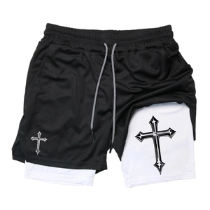 Detail of 2-in-1 sports shorts with mesh layer and gothic cross print