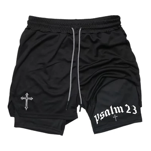 Men's 2-In-1 Running Shorts Quick Dry Training Gym Bottoms With Phone Pocket Towel Loop Psalm 23 Cross Print Sportswear