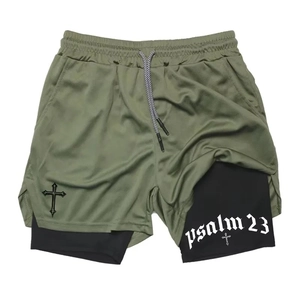 Men's 2-in-1 olive green mesh running shorts with Psalm 23 print and internal phone pocket
