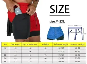 Detailed size chart for men's 2-in-1 quick-dry running shorts with measurement reference