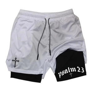 Men's 2-in-1 white mesh running shorts with black inner layer and gothic cross print