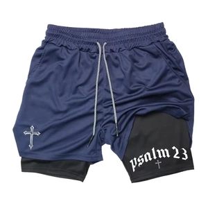 Men's 2-in-1 navy blue running shorts with Psalm 23 print and breathable mesh fabric
