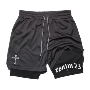 Men's 2-in-1 running shorts in dark grey with inner pocket and Psalm 23 anime print