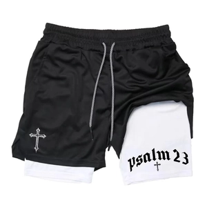 Detail of 2-in-1 shorts showing mesh fabric, Psalm 23 print, and inner lining layer